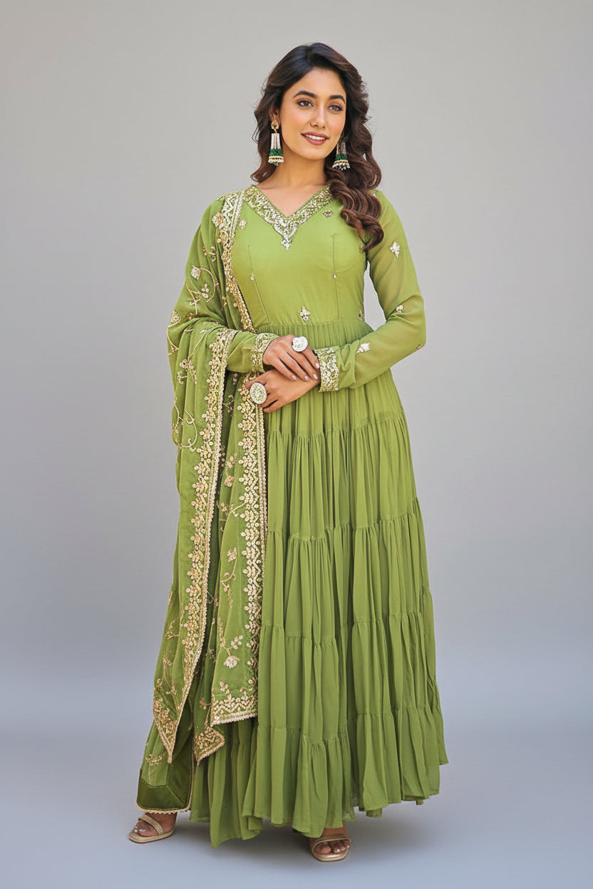 Georgette V Nack Line Anarkali Kurti with Dupatta Main image