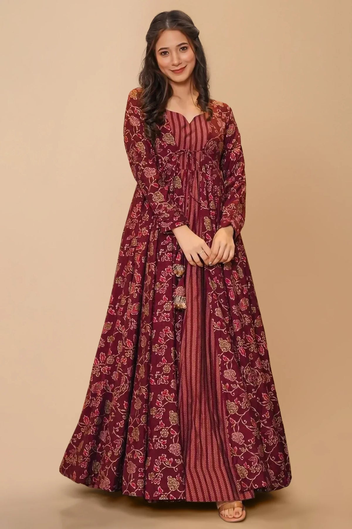 Maroon Muslin Anarkali Kurti with Long Shrug - maroon muslin saree