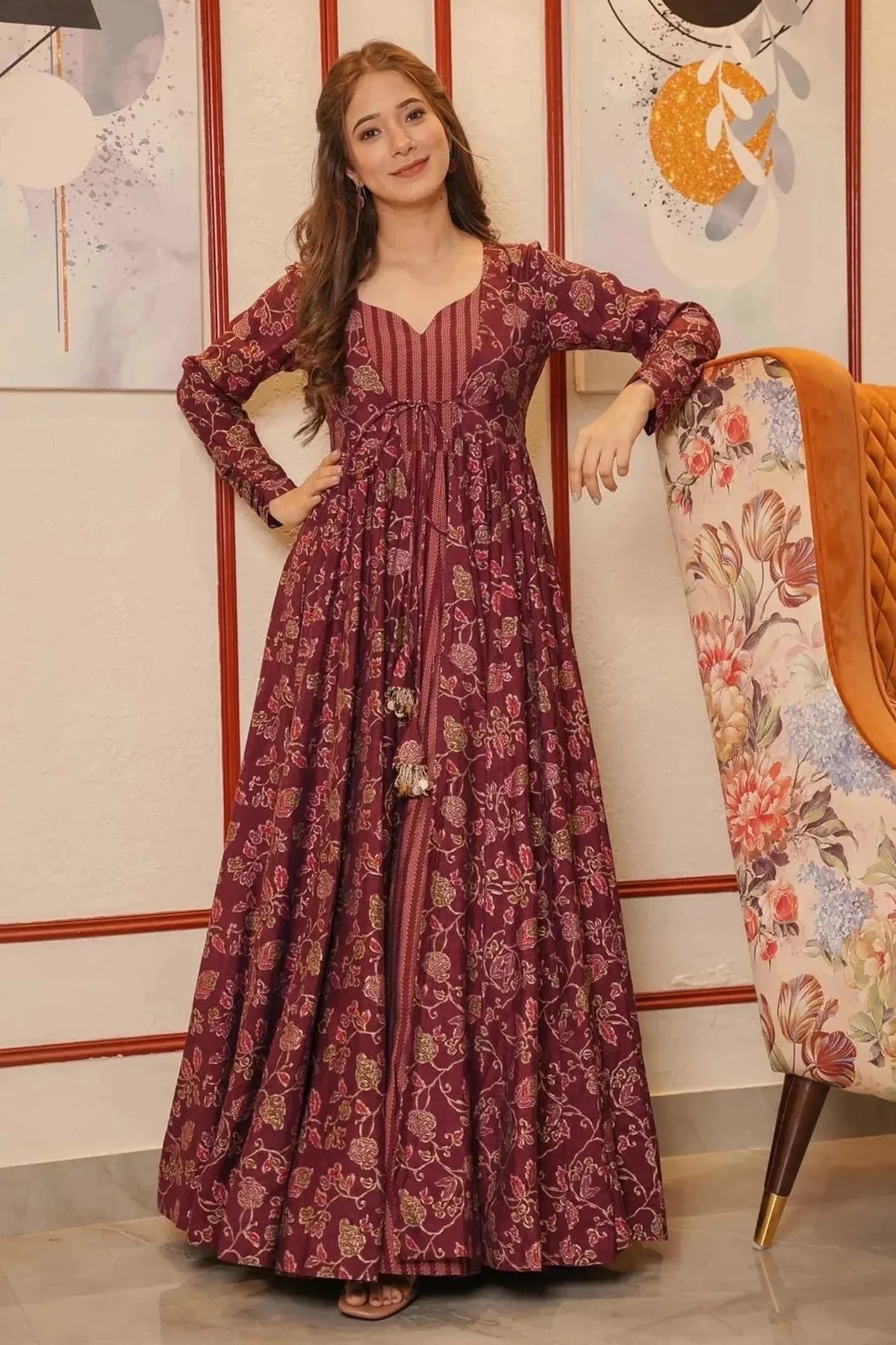 Maroon Muslin Anarkali Kurti with Long Shrug - maroon muslin saree