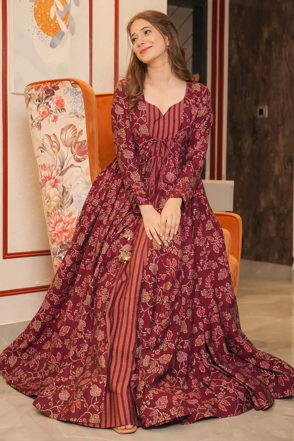 Maroon Muslin Anarkali Kurti with Long Shrug - maroon muslin saree