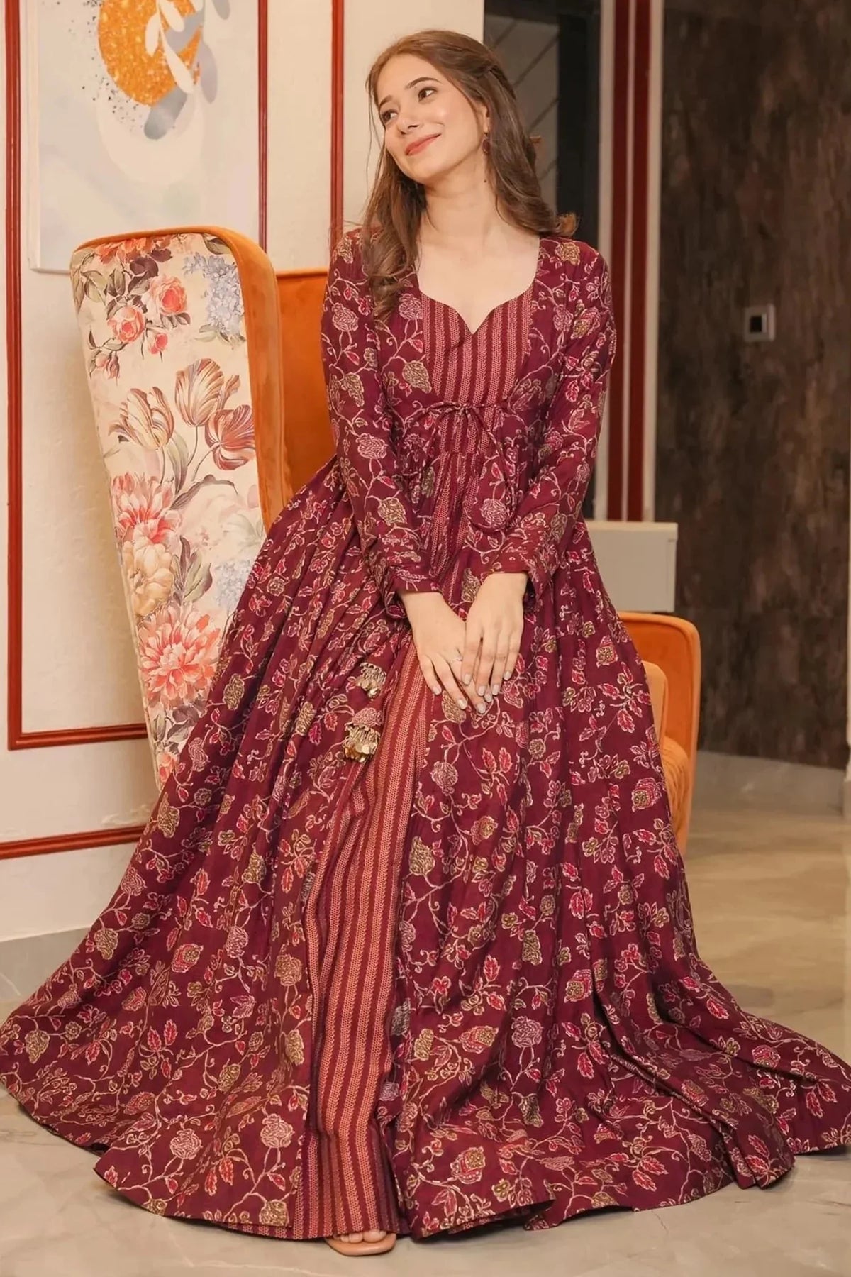 Maroon Muslin Anarkali Kurti with Long Shrug - maroon muslin saree