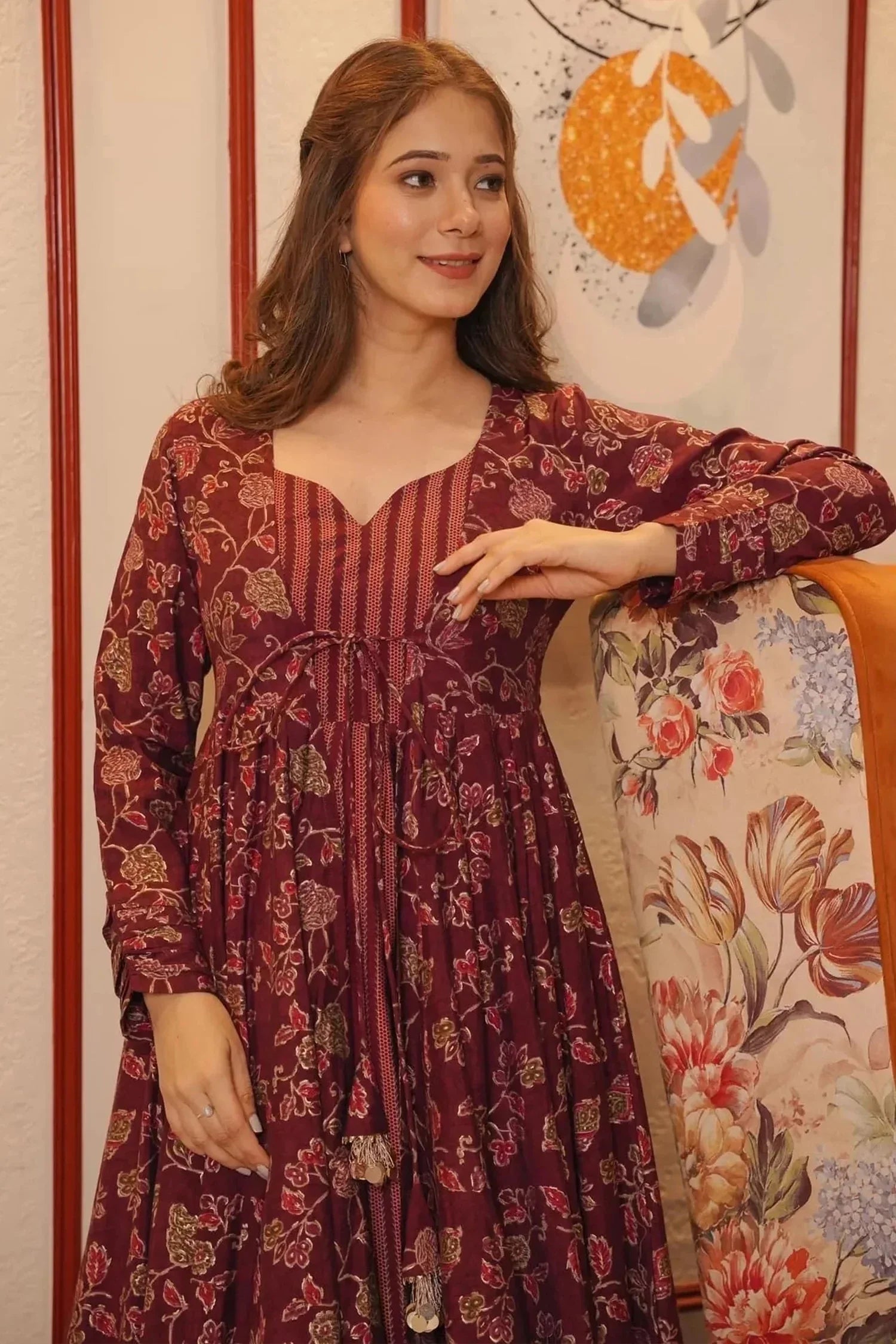 Maroon Muslin Anarkali Kurti with Long Shrug
