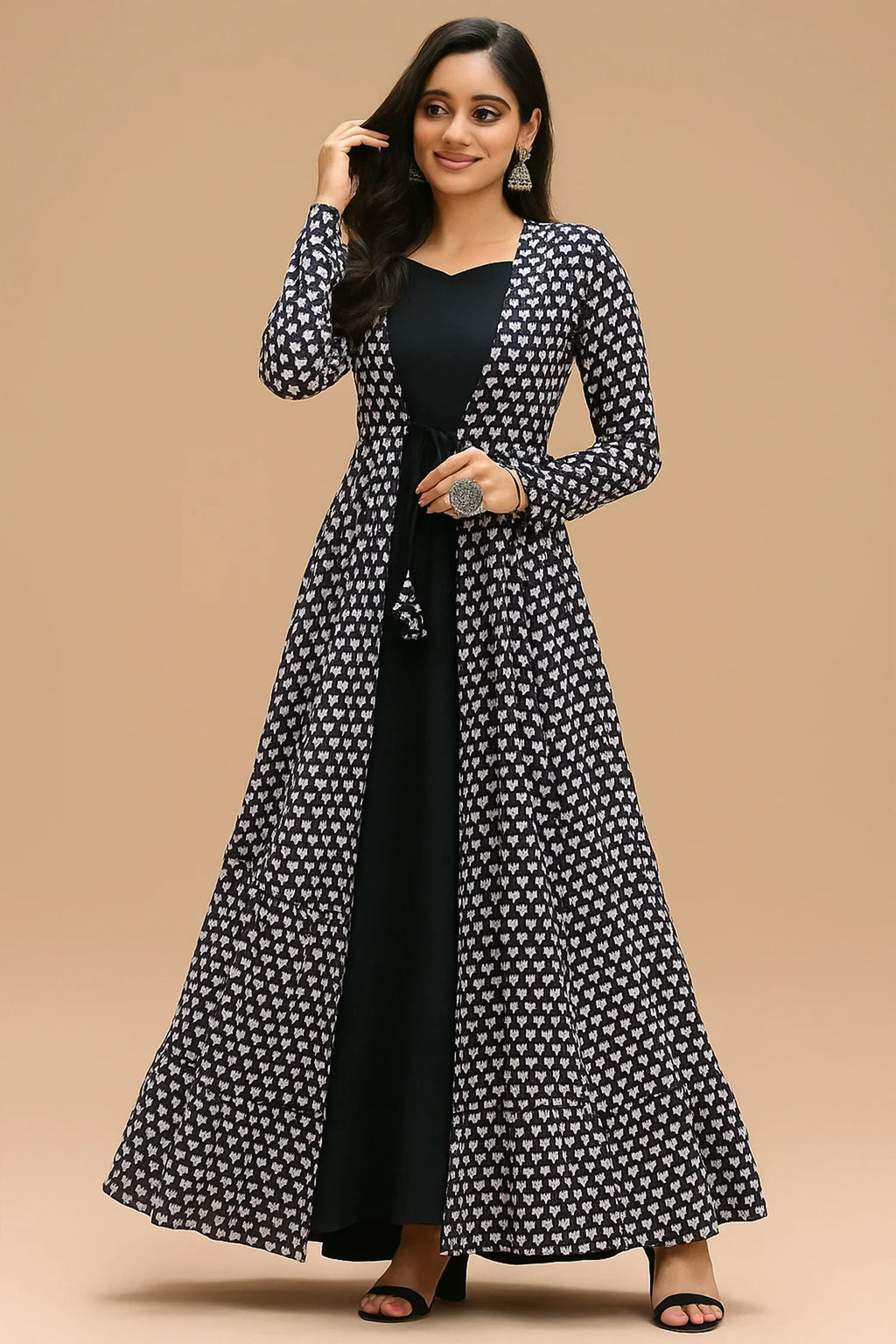 Black Georgette Plain Anarkali Kurti with Printed Long Shrug - black georgette saree