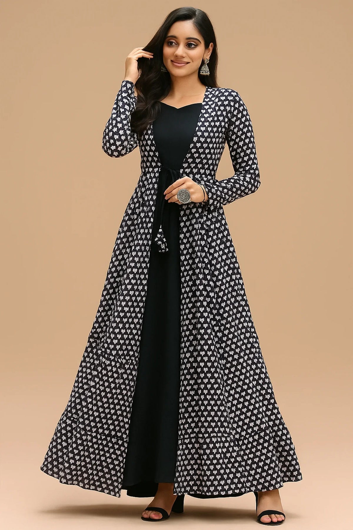 Black Georgette Plain Anarkali Kurti with Printed Long Shrug - black georgette saree