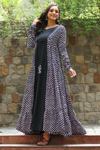 Black Georgette Plain Anarkali Kurti with Printed Long Shrug - black georgette saree