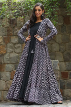 Black Georgette Plain Anarkali Kurti with Printed Long Shrug - black georgette saree