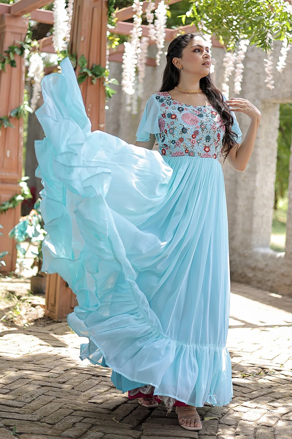Georgette Pleated Anarkali Kurti with Embroidered Bodice - red georgette saree embroidered