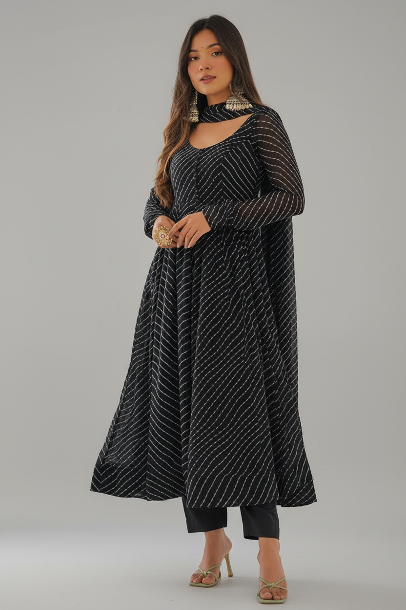 Leheriya Print Flared Anarkali Kurta Set - red saree