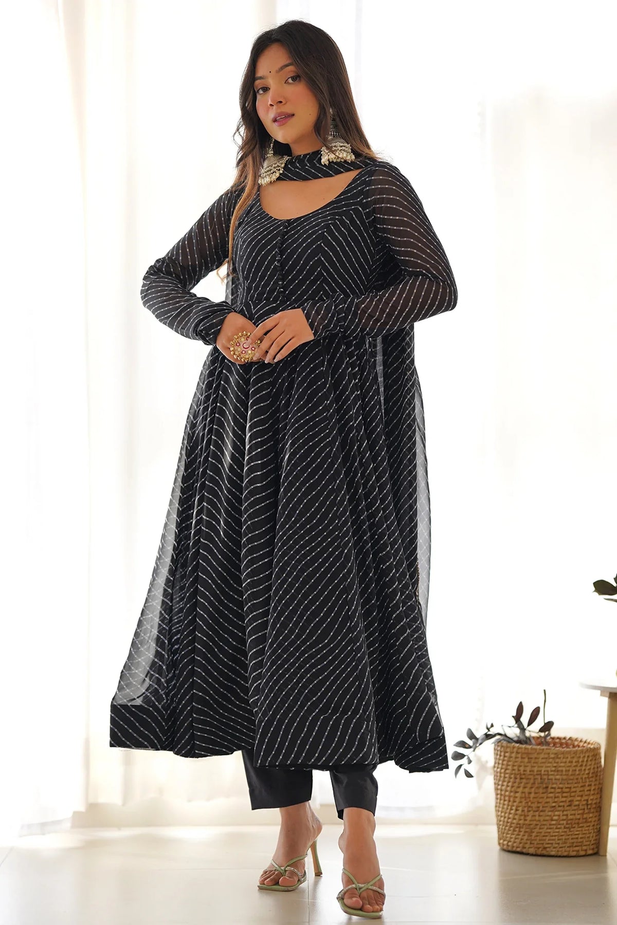 Leheriya Print Flared Anarkali Kurta Set - red saree