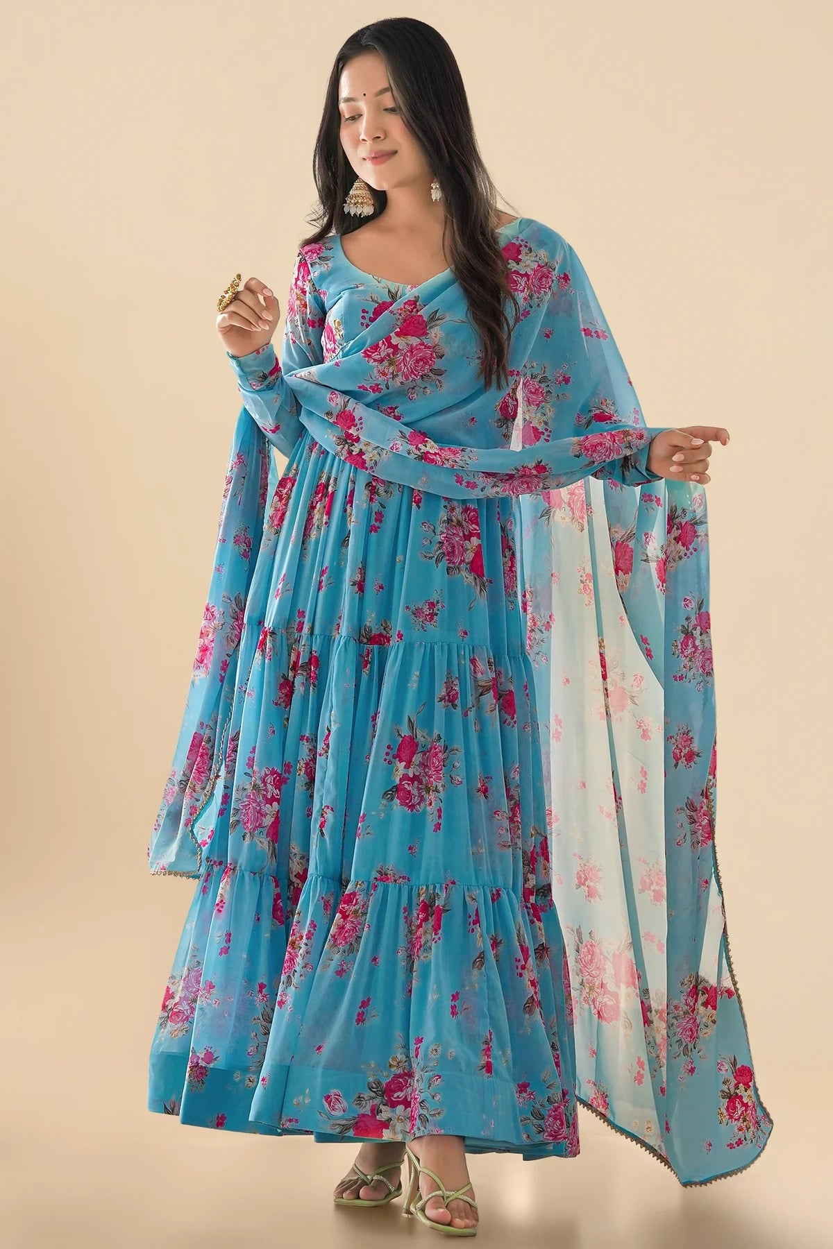 Sky Blue Georgette Floral Printed Flared Anarkali Kurti Set