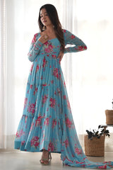 Sky Blue Georgette Floral Printed Flared Anarkali Kurti Set