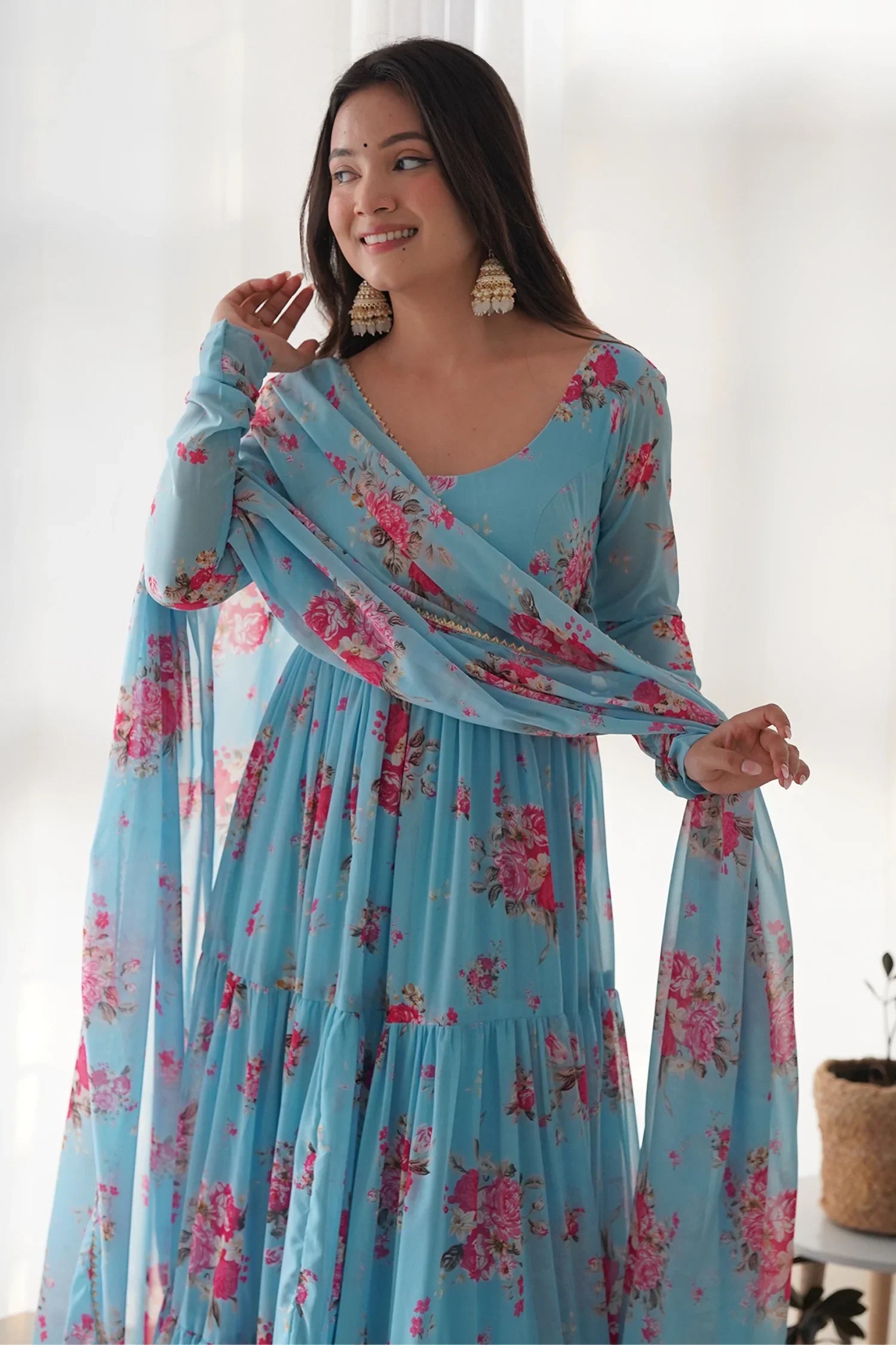 Sky Blue Georgette Floral Printed Flared Anarkali Kurti Set