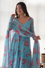 Sky Blue Georgette Floral Printed Flared Anarkali Kurti Set