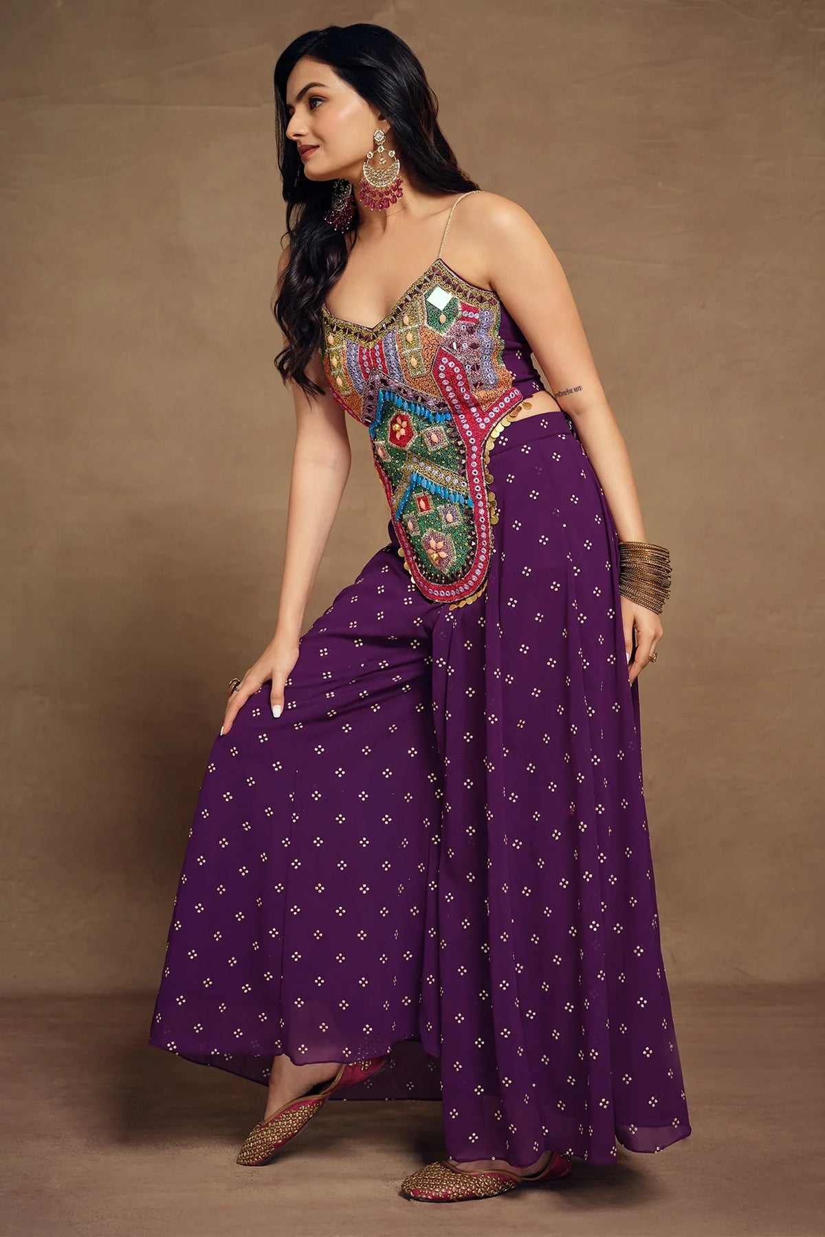 Purple Art Silk Co-Ord Set Adorned with Intricate Embroidery and Handwork - purple silk saree embroidery