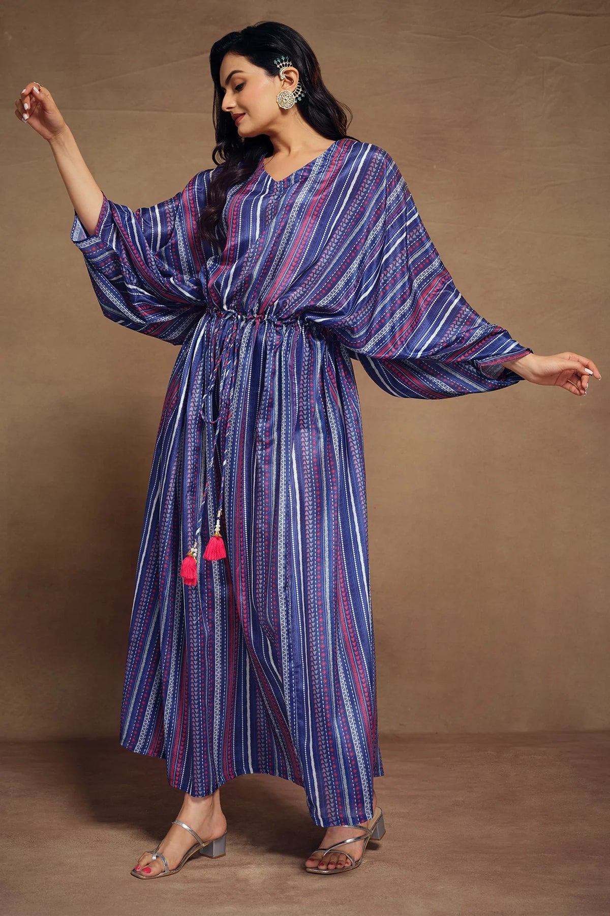 Blue Art Silk Digital Printed Kaftan - blue silk saree