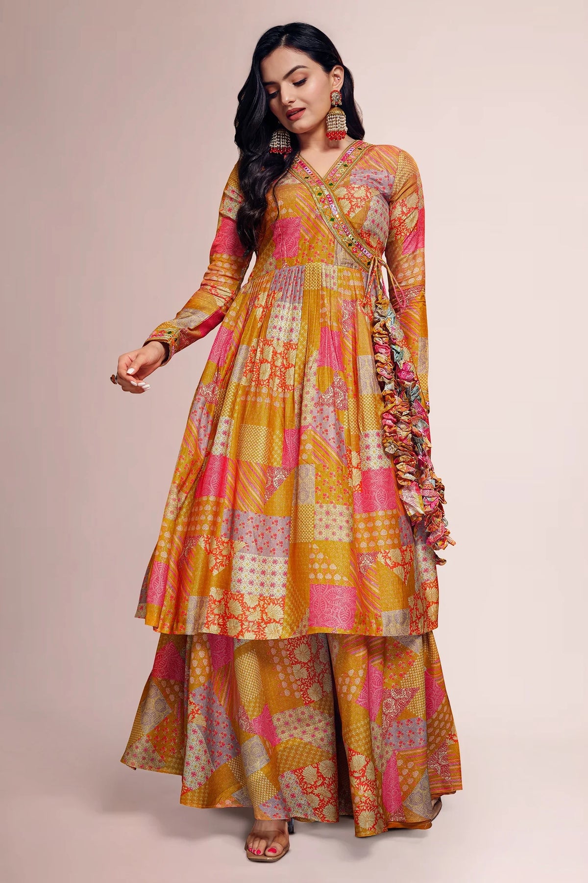 Mustard Muslin Printed Angrakha Style Anarkali Kurti with Palazzo - mustard muslin saree