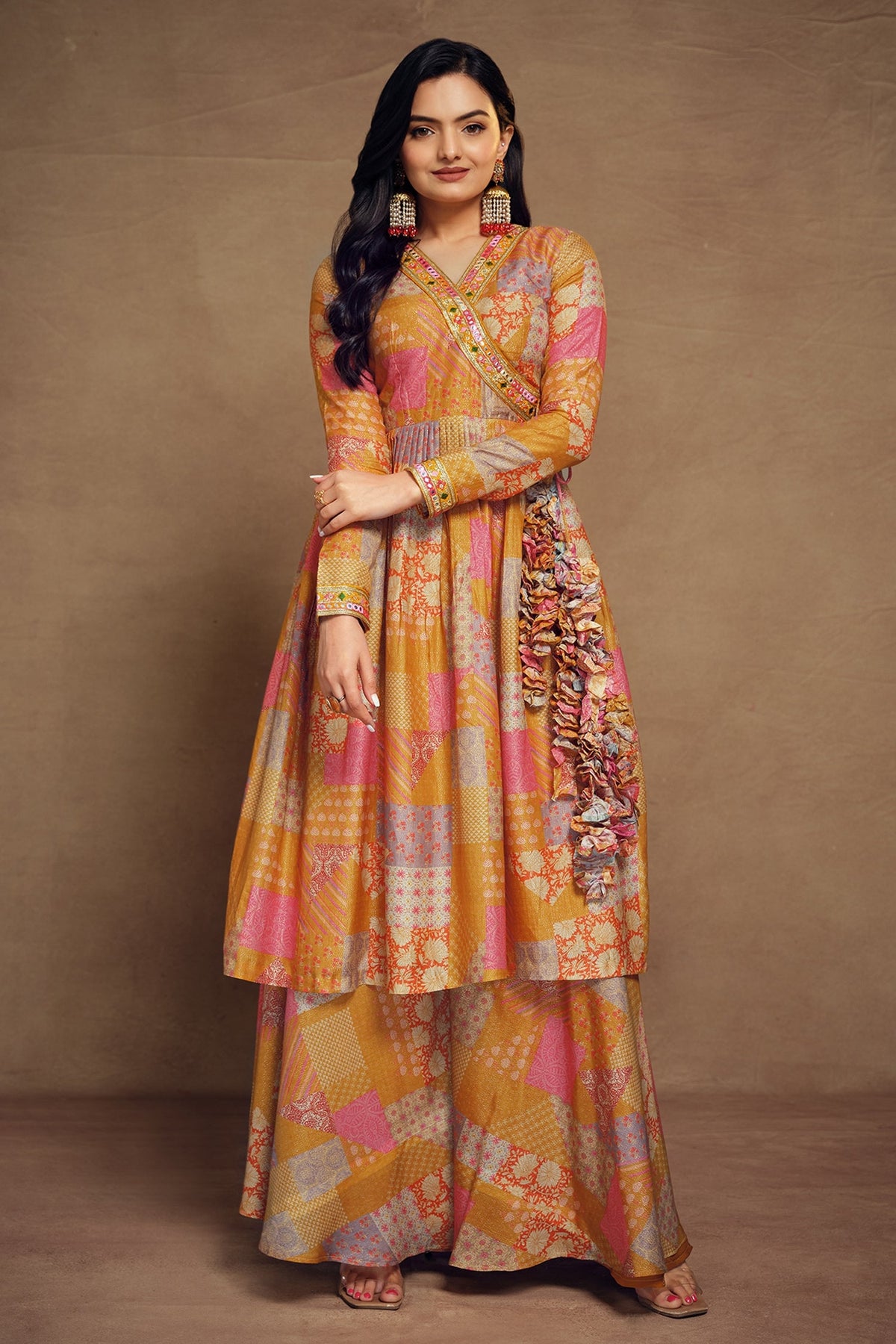 Mustard Muslin Printed Angrakha Style Anarkali Kurti with Palazzo - mustard muslin saree