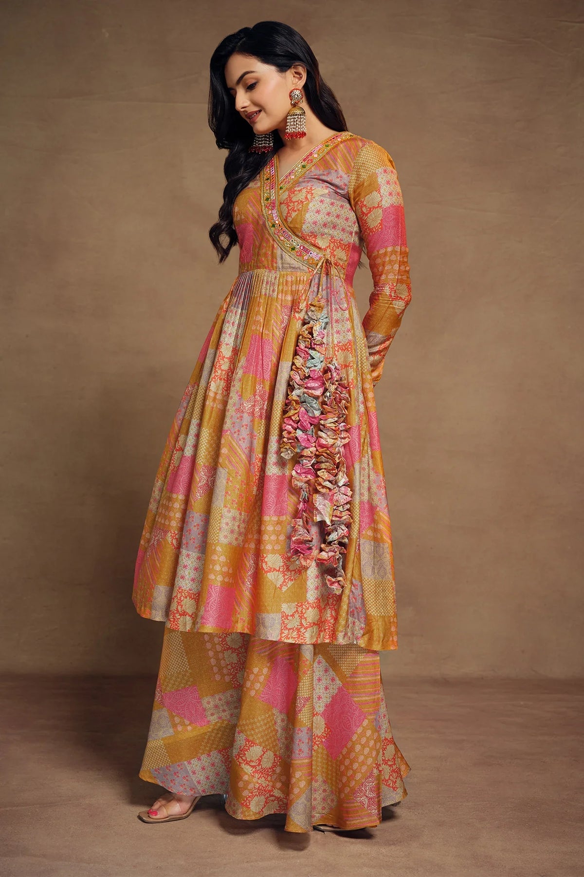 Mustard Muslin Printed Angrakha Style Anarkali Kurti with Palazzo - mustard muslin saree