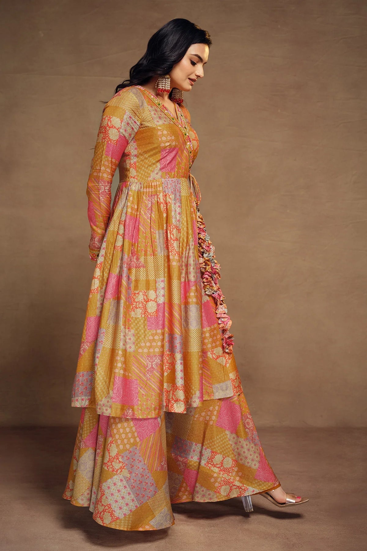 Mustard Muslin Printed Angrakha Style Anarkali Kurti with Palazzo - mustard muslin saree