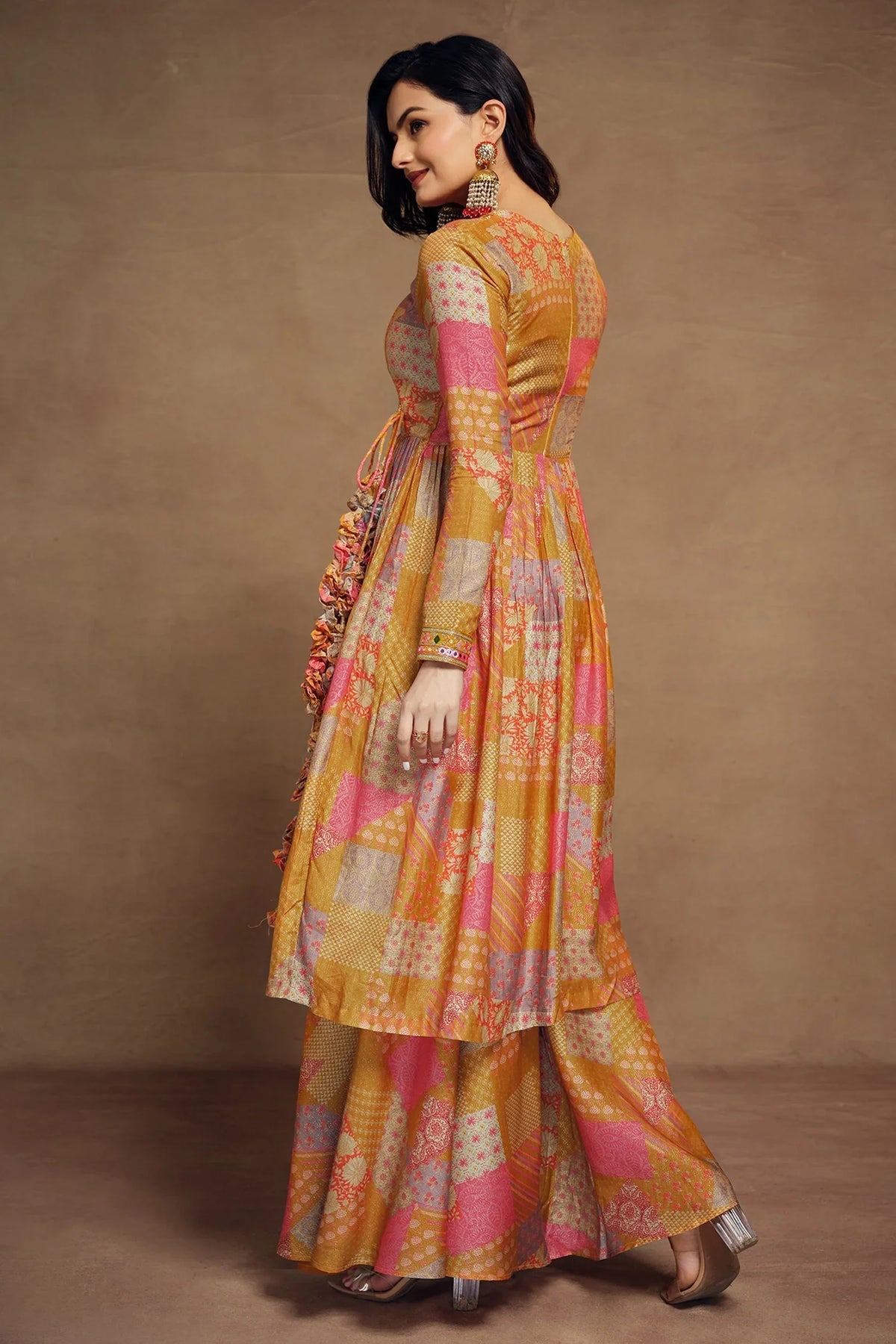 Mustard Muslin Printed Angrakha Style Anarkali Kurti with Palazzo - mustard muslin saree