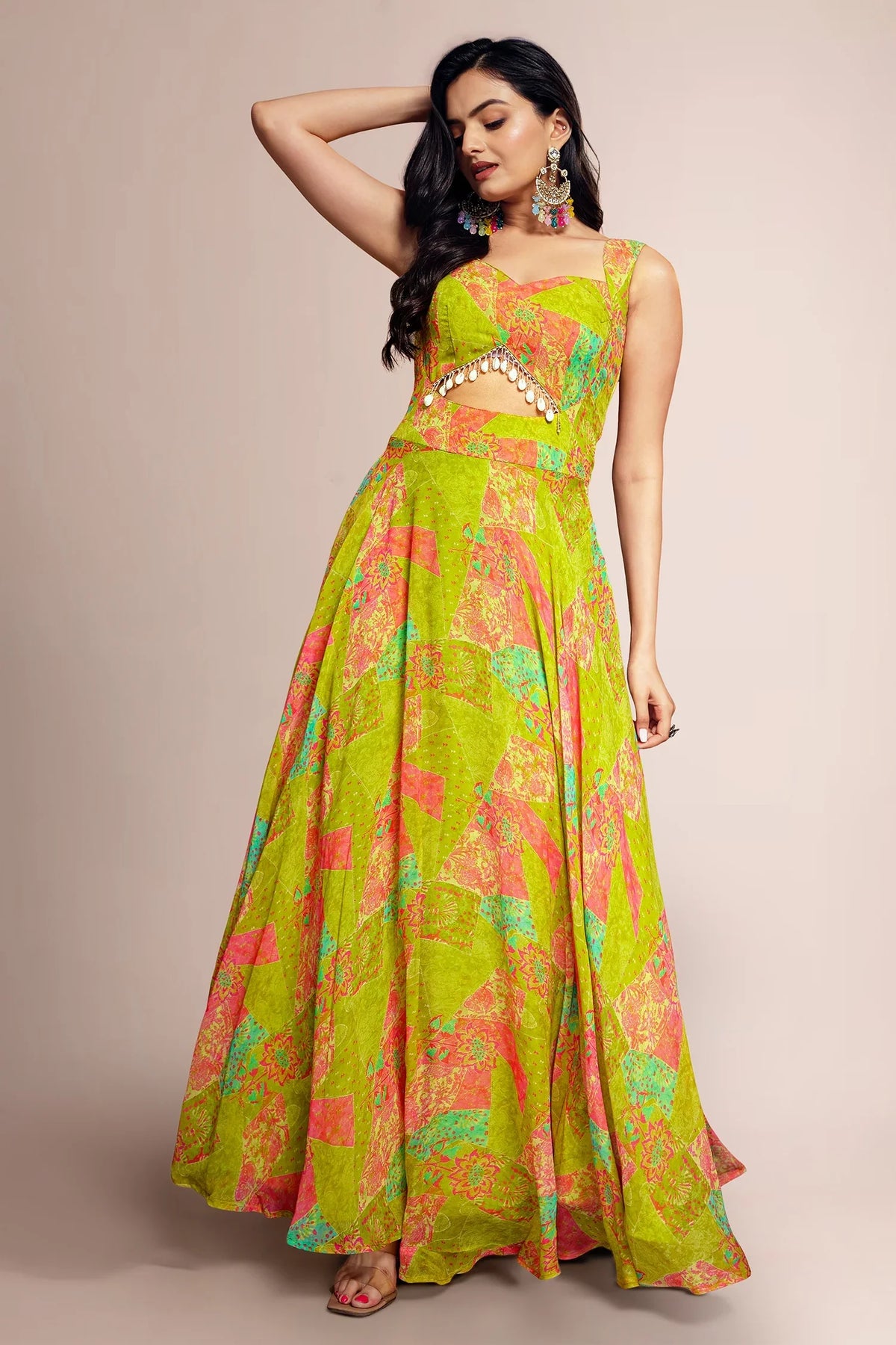Lime Green Georgette Wide Shoulder Strap Front Cut Out Dress with Abstract Print - green georgette saree