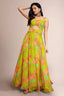 Lime Green Georgette Wide Shoulder Strap Front Cut Out Dress with Abstract Print - green georgette saree