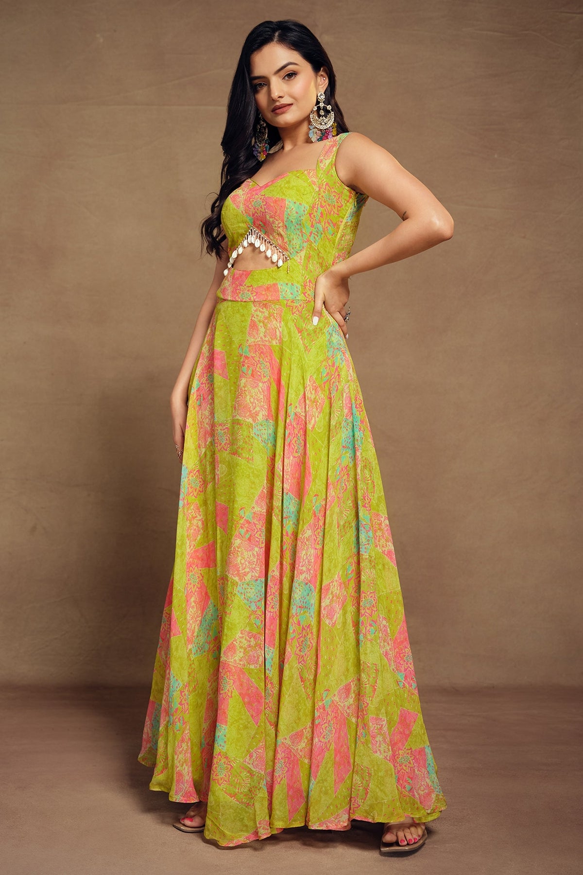 Lime Green Georgette Wide Shoulder Strap Front Cut Out Dress with Abstract Print - green georgette saree