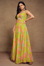 Lime Green Georgette Wide Shoulder Strap Front Cut Out Dress with Abstract Print - green georgette saree