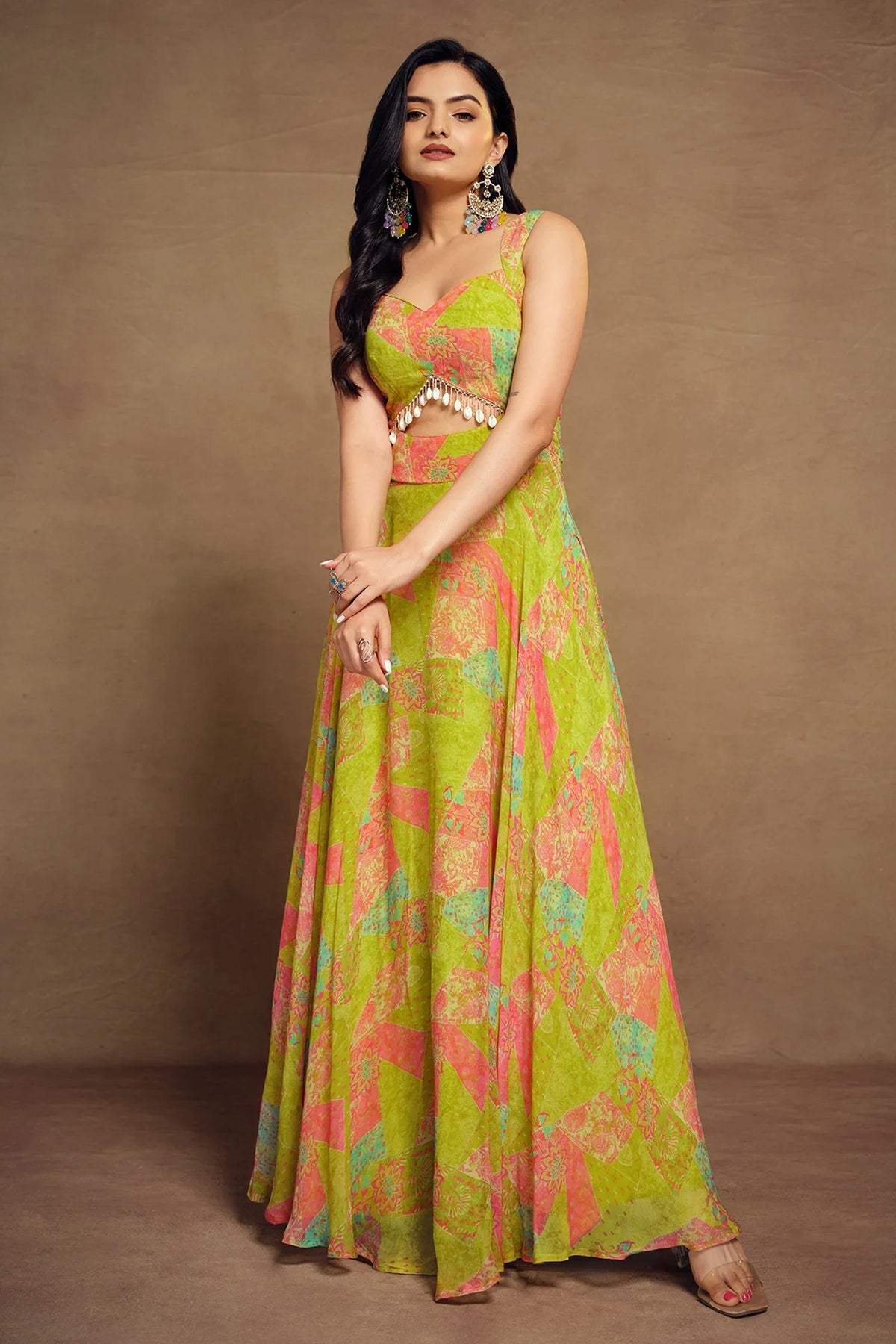 Lime Green Georgette Wide Shoulder Strap Front Cut Out Dress with Abstract Print - green georgette saree