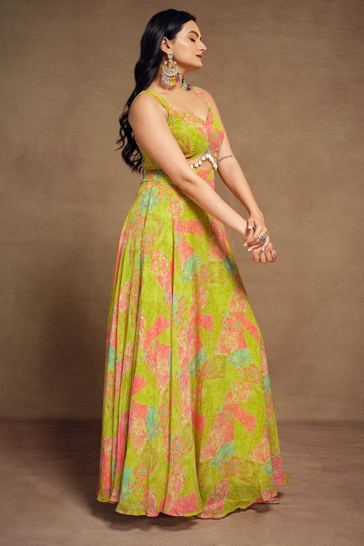 Lime Green Georgette Wide Shoulder Strap Front Cut Out Dress with Abstract Print - green georgette saree