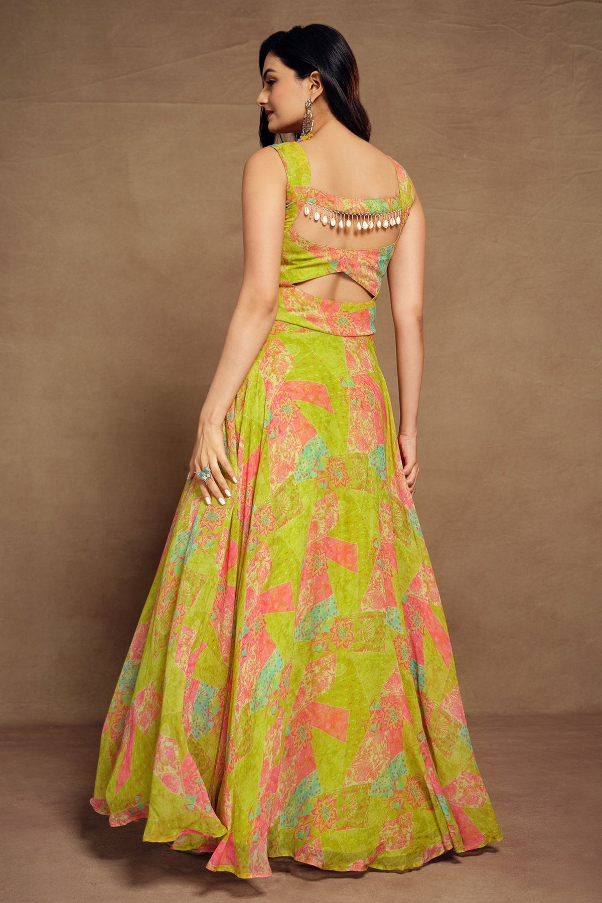 Lime Green Georgette Wide Shoulder Strap Front Cut Out Dress with Abstract Print - green georgette saree