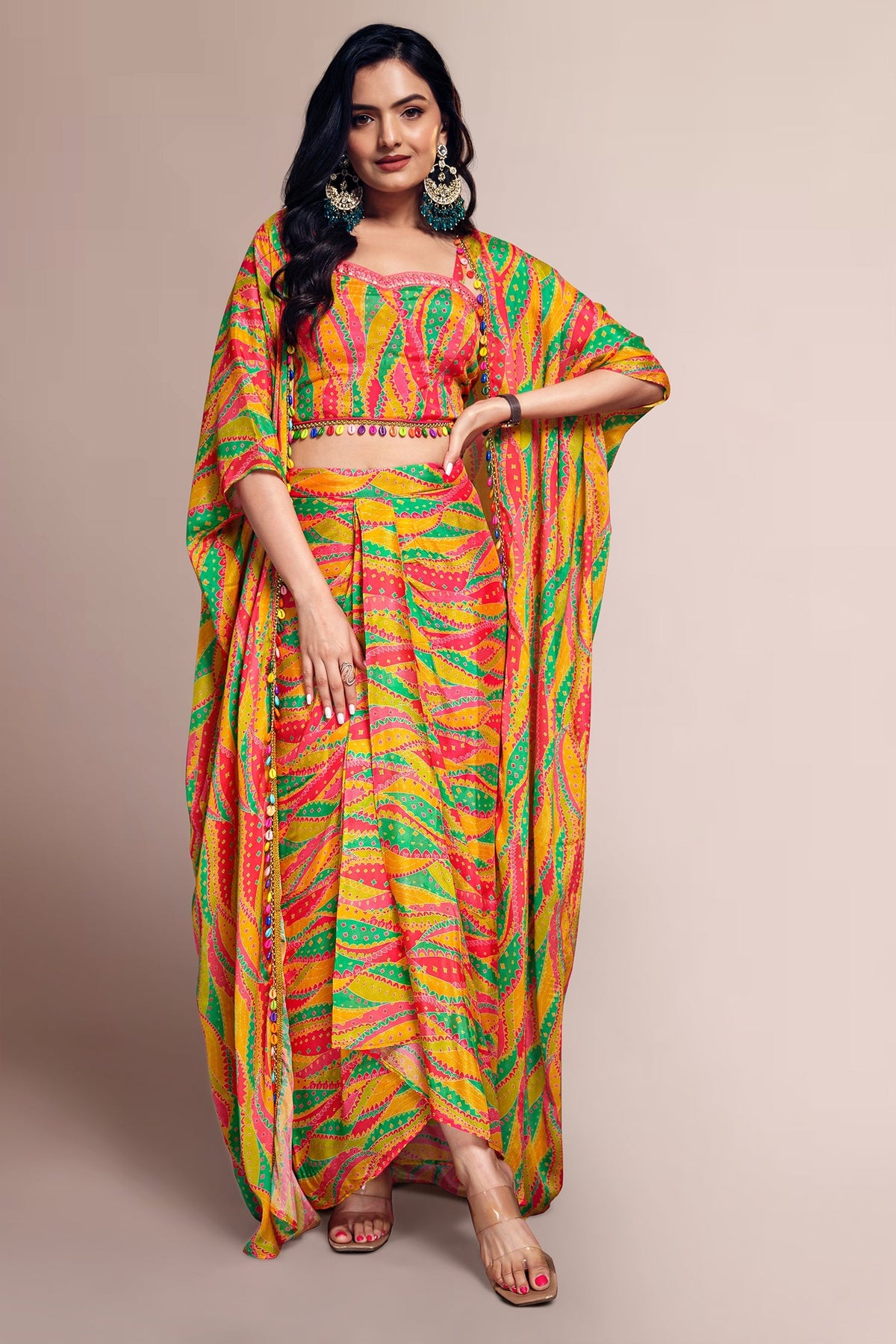Orange Chinon Silk Abstract Print Shoulder Strap Crop Top and Dhoti Skirt with Jacket - orange silk saree