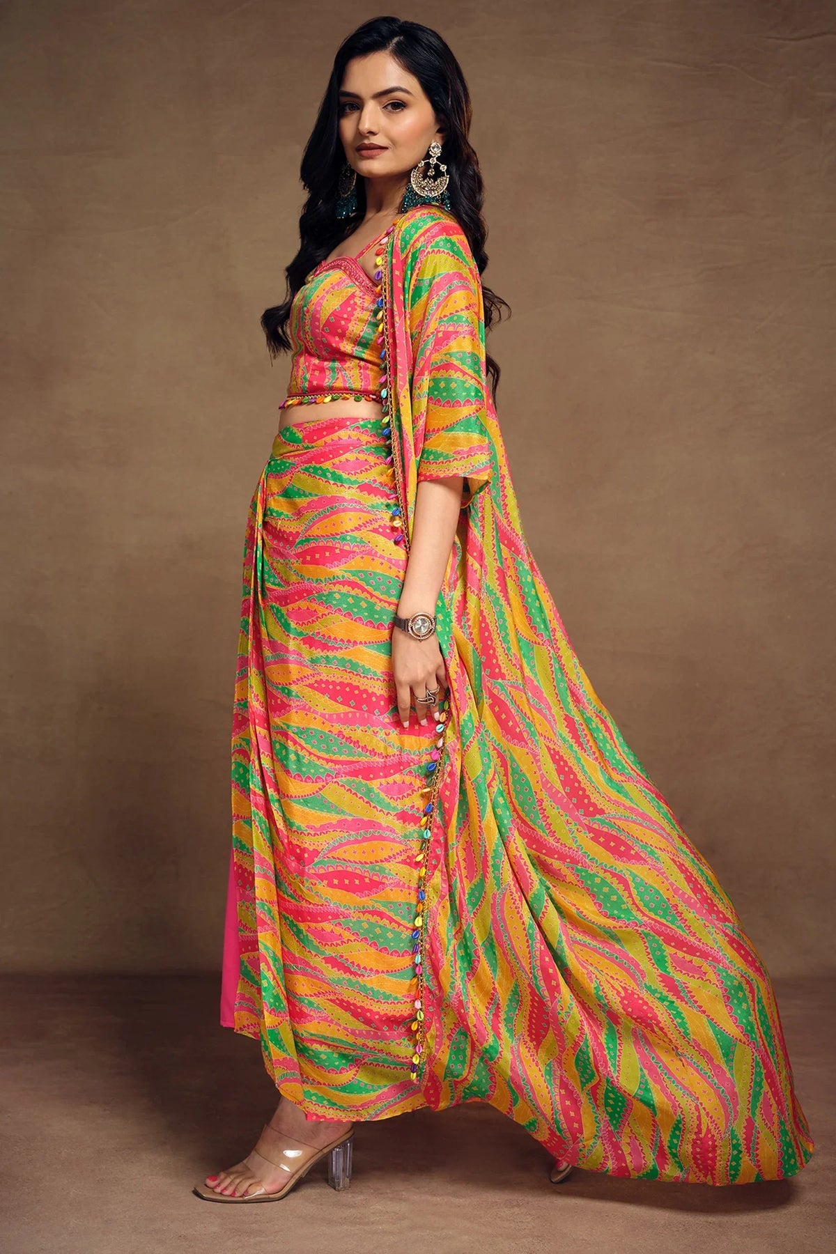 Orange Chinon Silk Abstract Print Shoulder Strap Crop Top and Dhoti Skirt with Jacket - orange silk saree