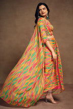 Orange Chinon Silk Abstract Print Shoulder Strap Crop Top and Dhoti Skirt with Jacket - orange silk saree