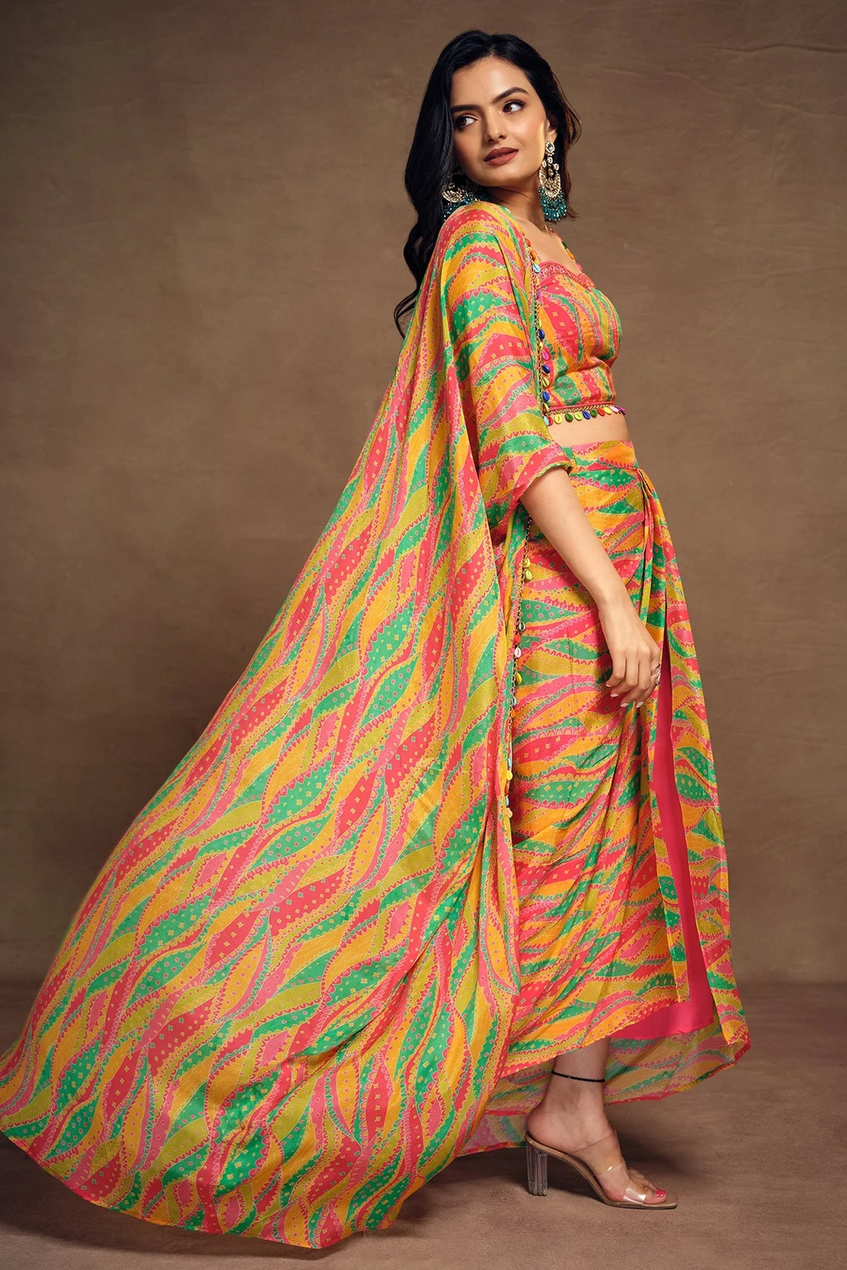 Orange Chinon Silk Abstract Print Shoulder Strap Crop Top and Dhoti Skirt with Jacket - orange silk saree