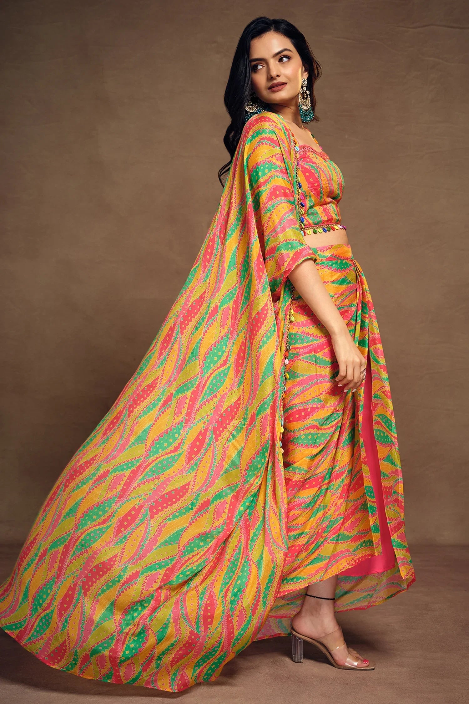 Orange Chinon Silk Abstract Print Shoulder Strap Crop Top and Dhoti Skirt with Jacket - orange silk saree