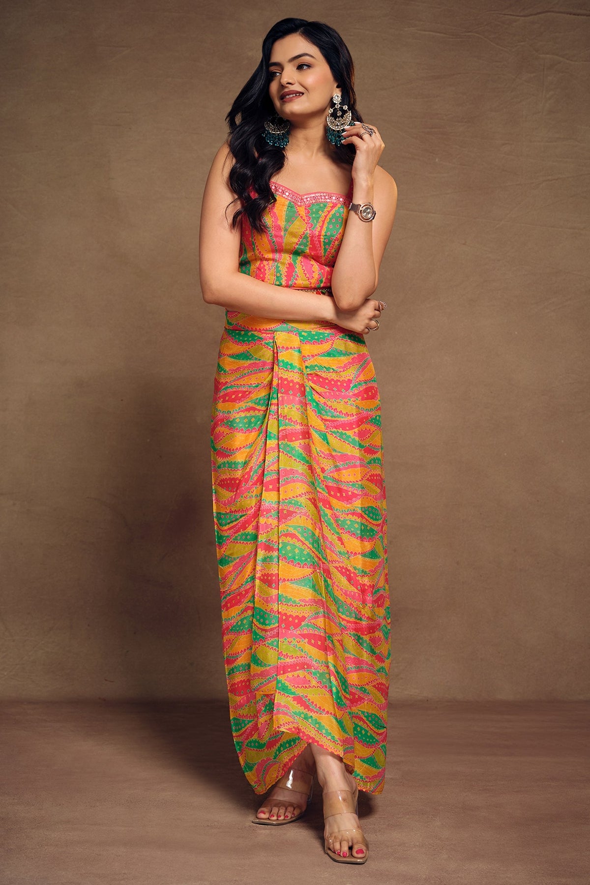 Orange Chinon Silk Abstract Print Shoulder Strap Crop Top and Dhoti Skirt with Jacket - orange silk saree