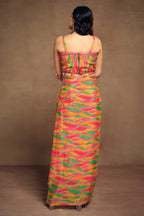 Orange Chinon Silk Abstract Print Shoulder Strap Crop Top and Dhoti Skirt with Jacket - orange silk saree