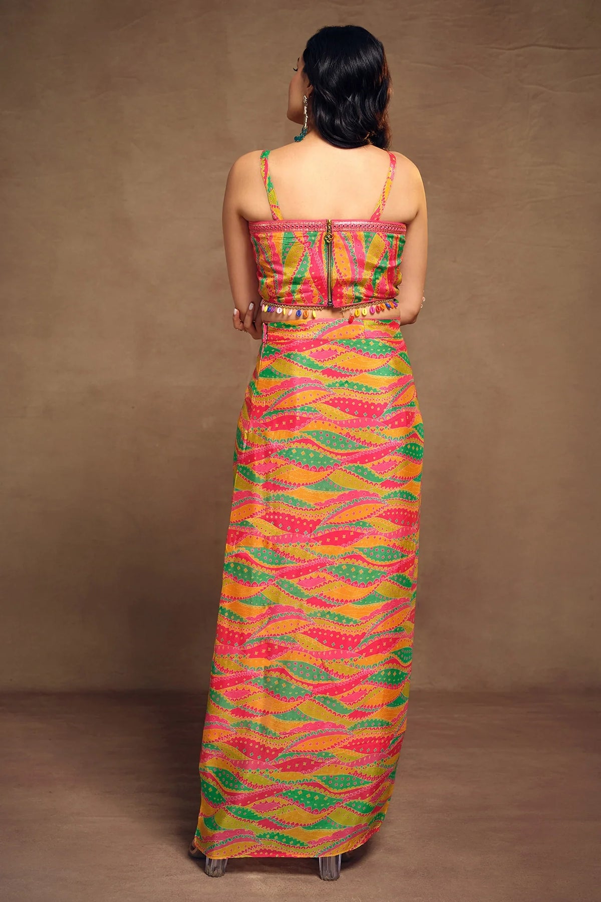 Orange Chinon Silk Abstract Print Shoulder Strap Crop Top and Dhoti Skirt with Jacket - orange silk saree