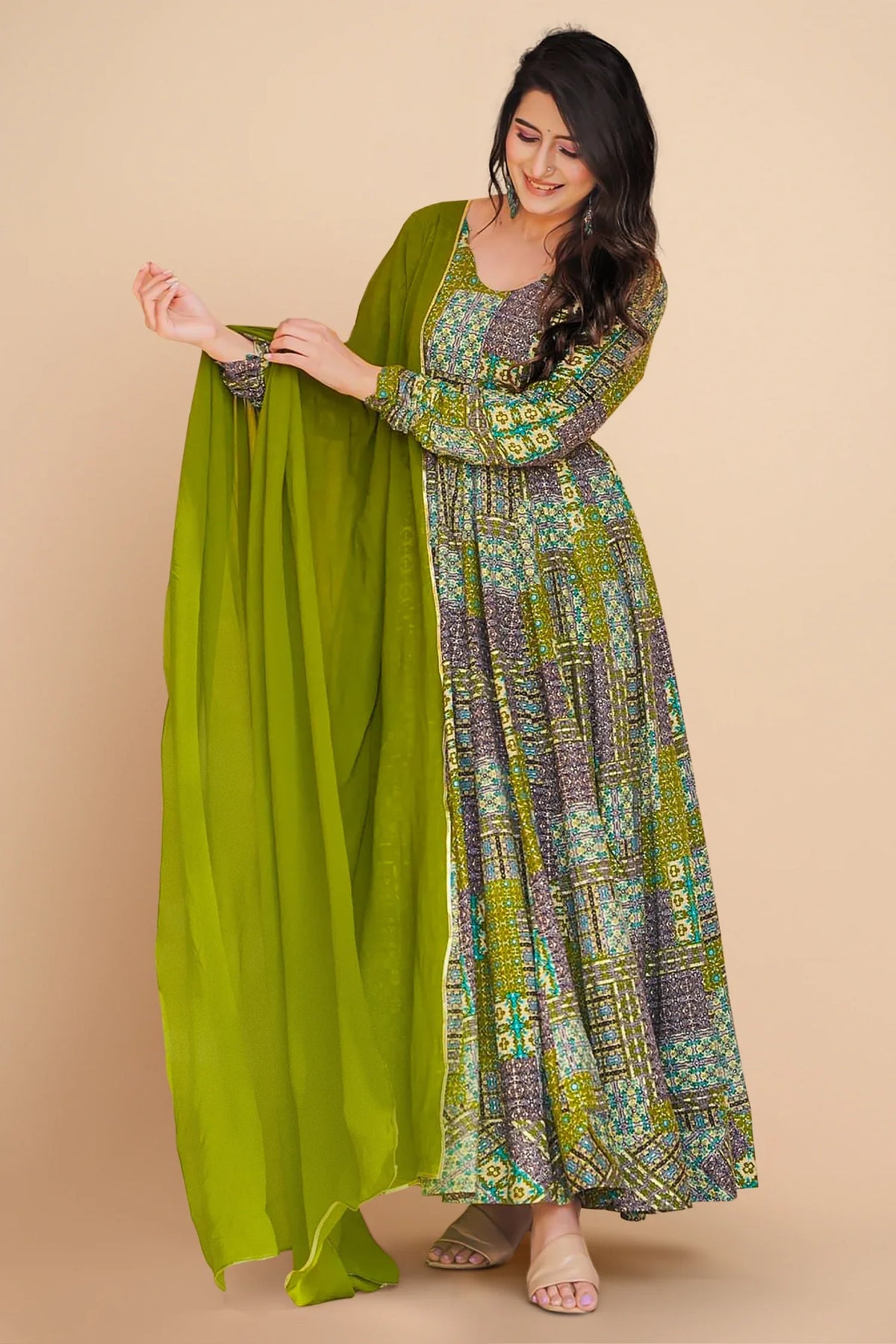 Green Rayon Printed Long Kurti with Dupatta - green rayon saree