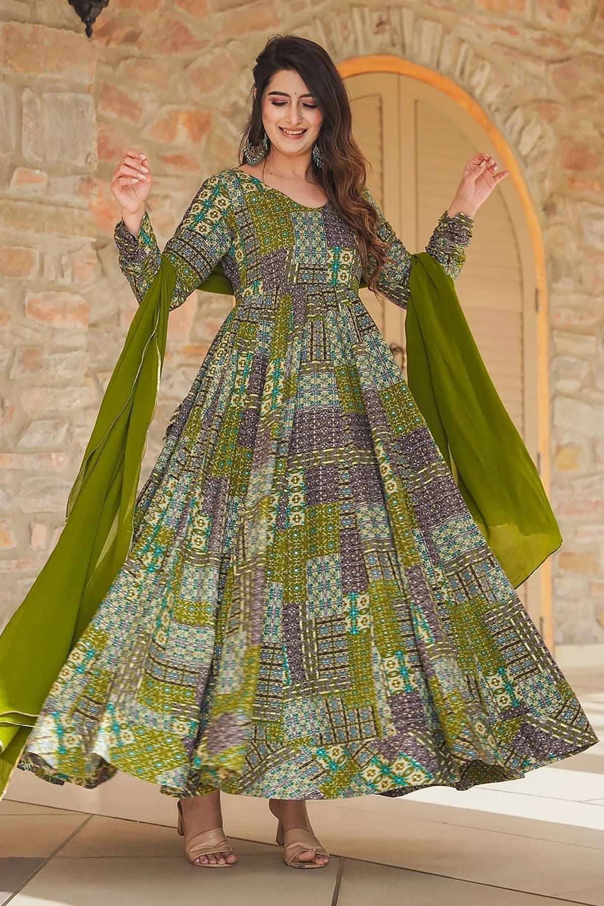 Green Rayon Printed Long Kurti with Dupatta - green rayon saree
