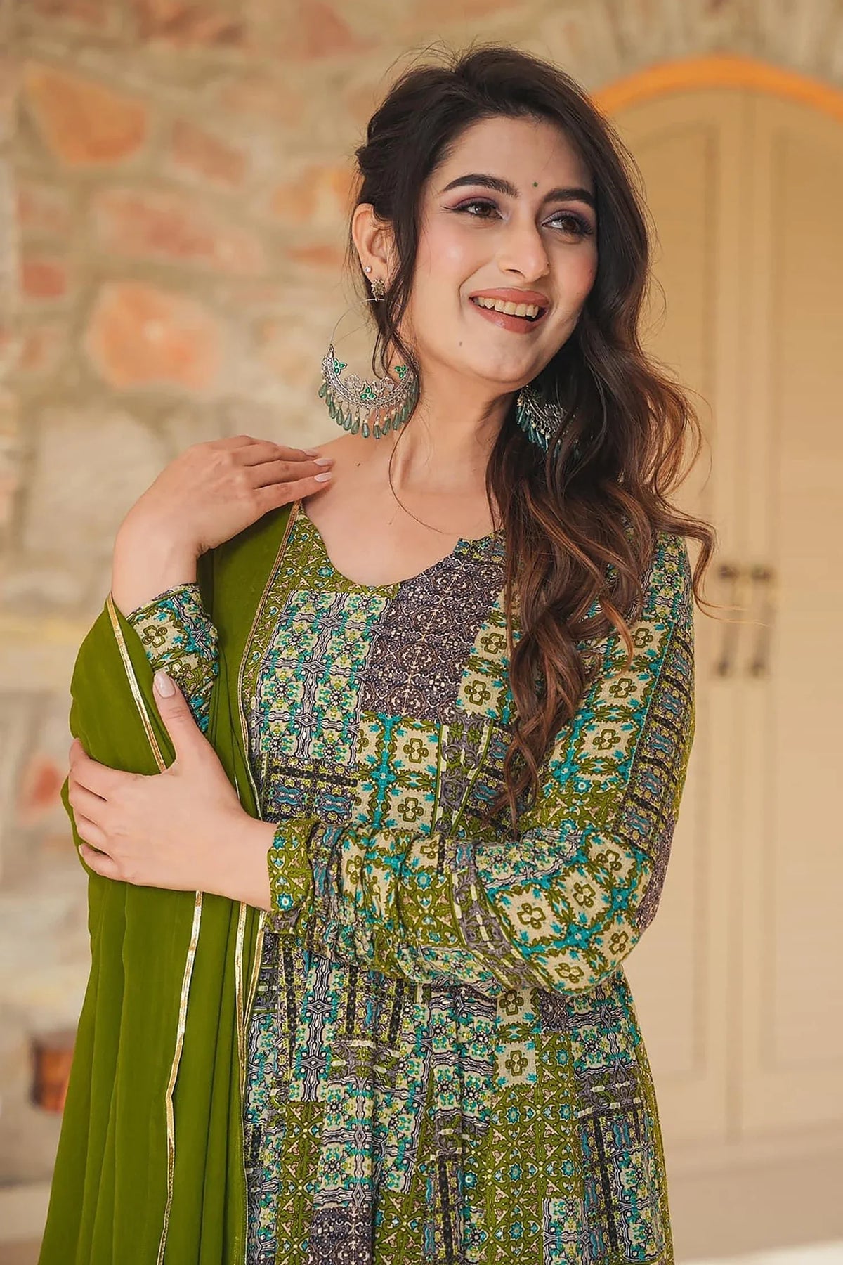 Green Rayon Printed Long Kurti with Dupatta - green rayon saree