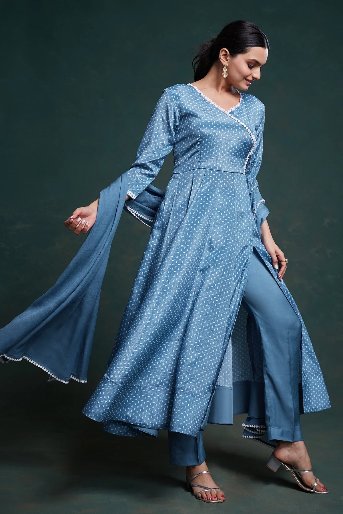 Sky Blue Chinon Silk Angrakha Style Bandhej Printed Side Slit Cut Kurti Set - blue silk saree bandhej