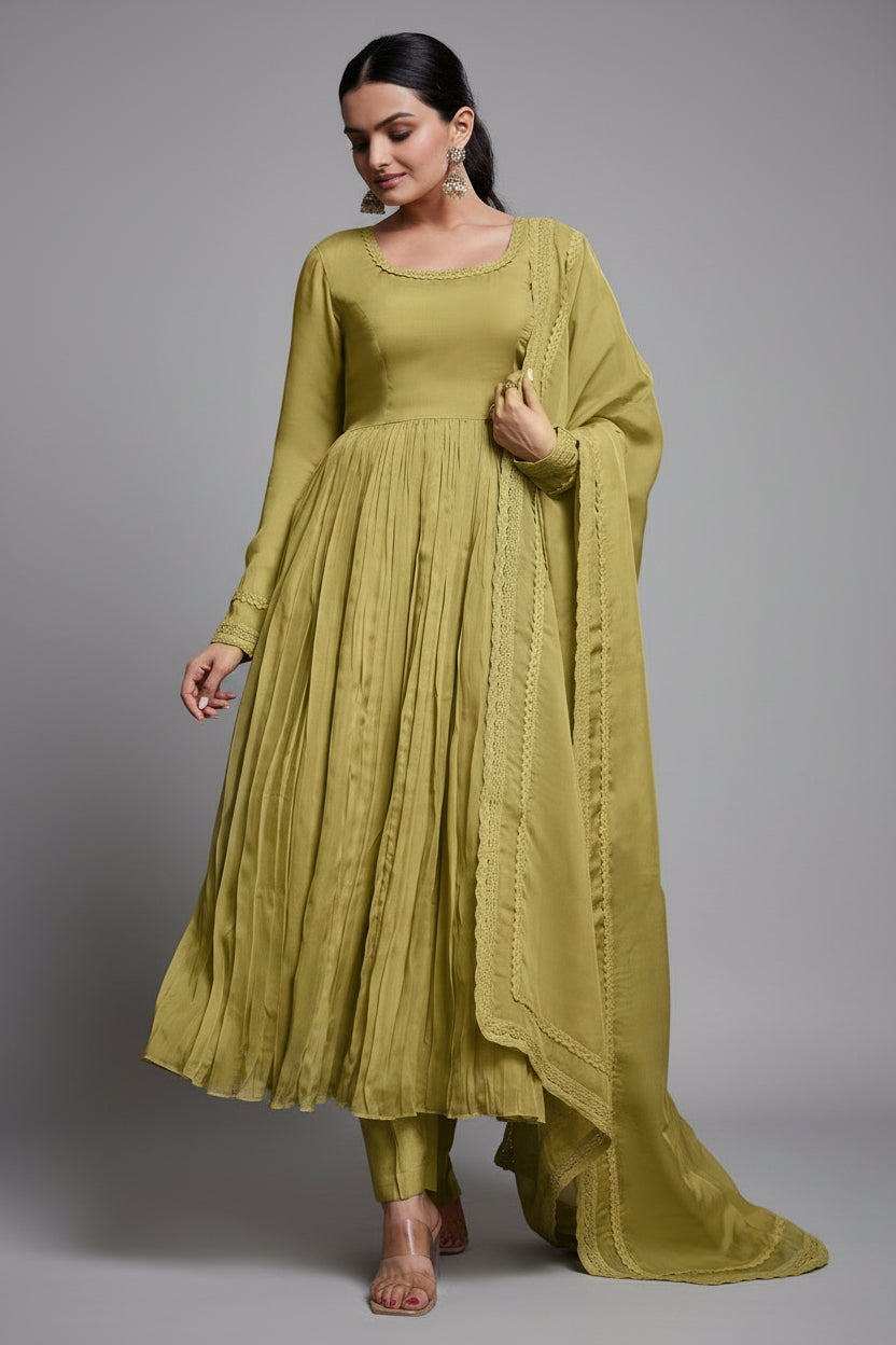 Olive Green Organza Crush Plain Anarkali Kurti Set - green organza saree Main image