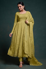 Olive Green Organza Crush Plain Anarkali Kurti Set
