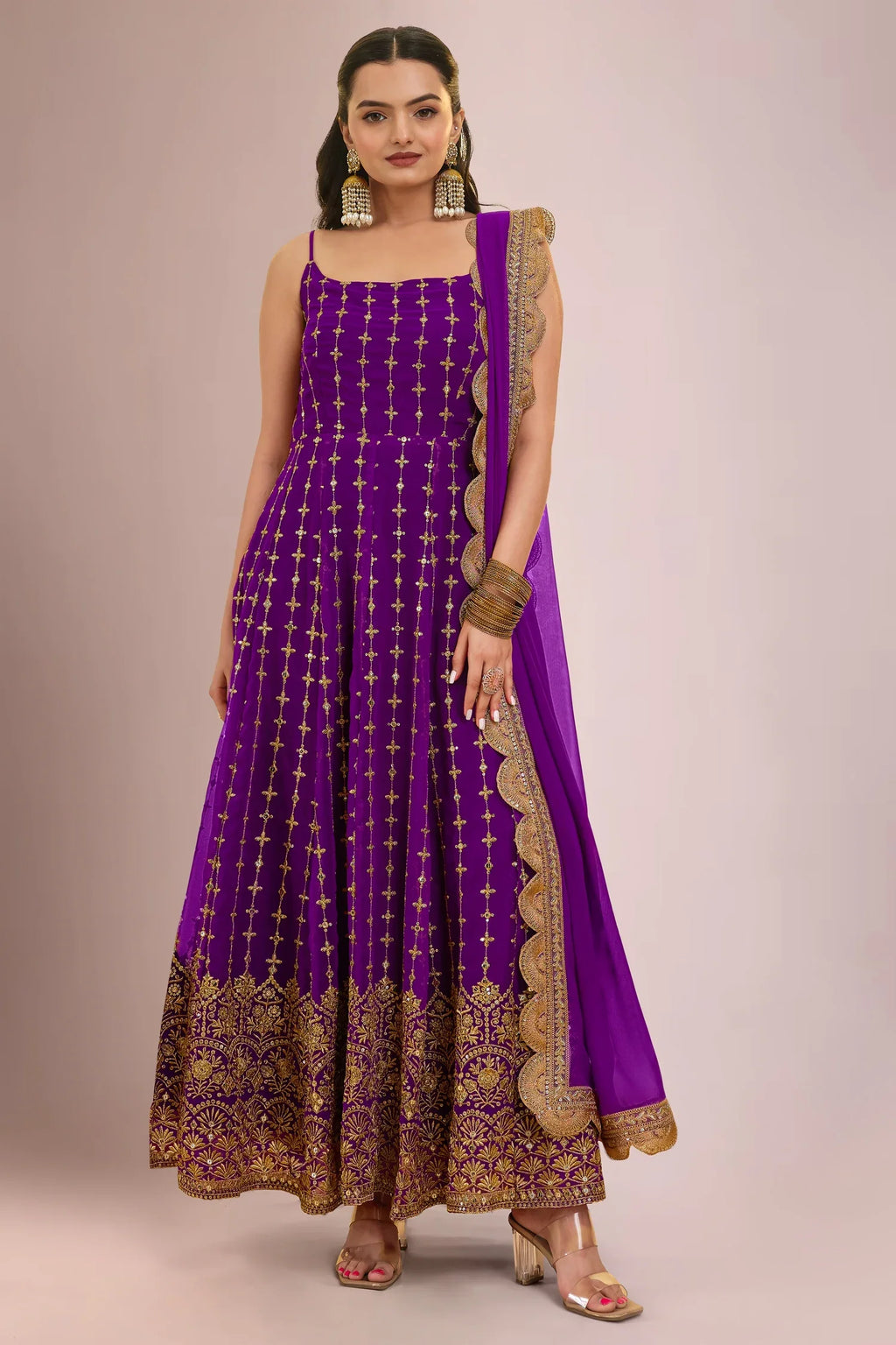 Purple Georgette Sequin Zari Embroidered Anarkali Kurti with Dupatta - red georgette saree embroidered