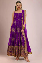 Purple Georgette Sequin Zari Embroidered Anarkali Kurti with Dupatta - red georgette saree embroidered