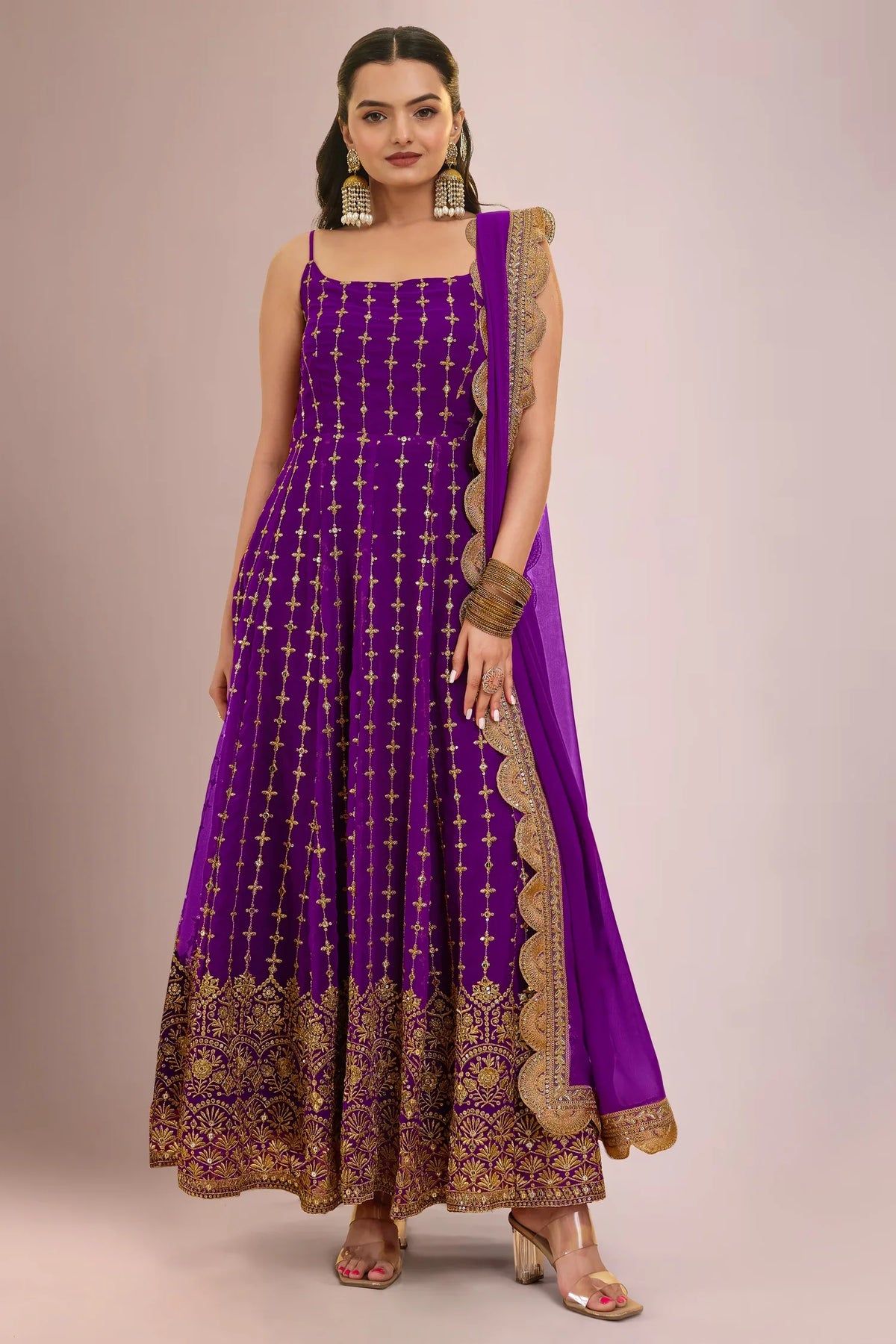 Purple Georgette Sequin Zari Embroidered Anarkali Kurti with Dupatta - red georgette saree embroidered
