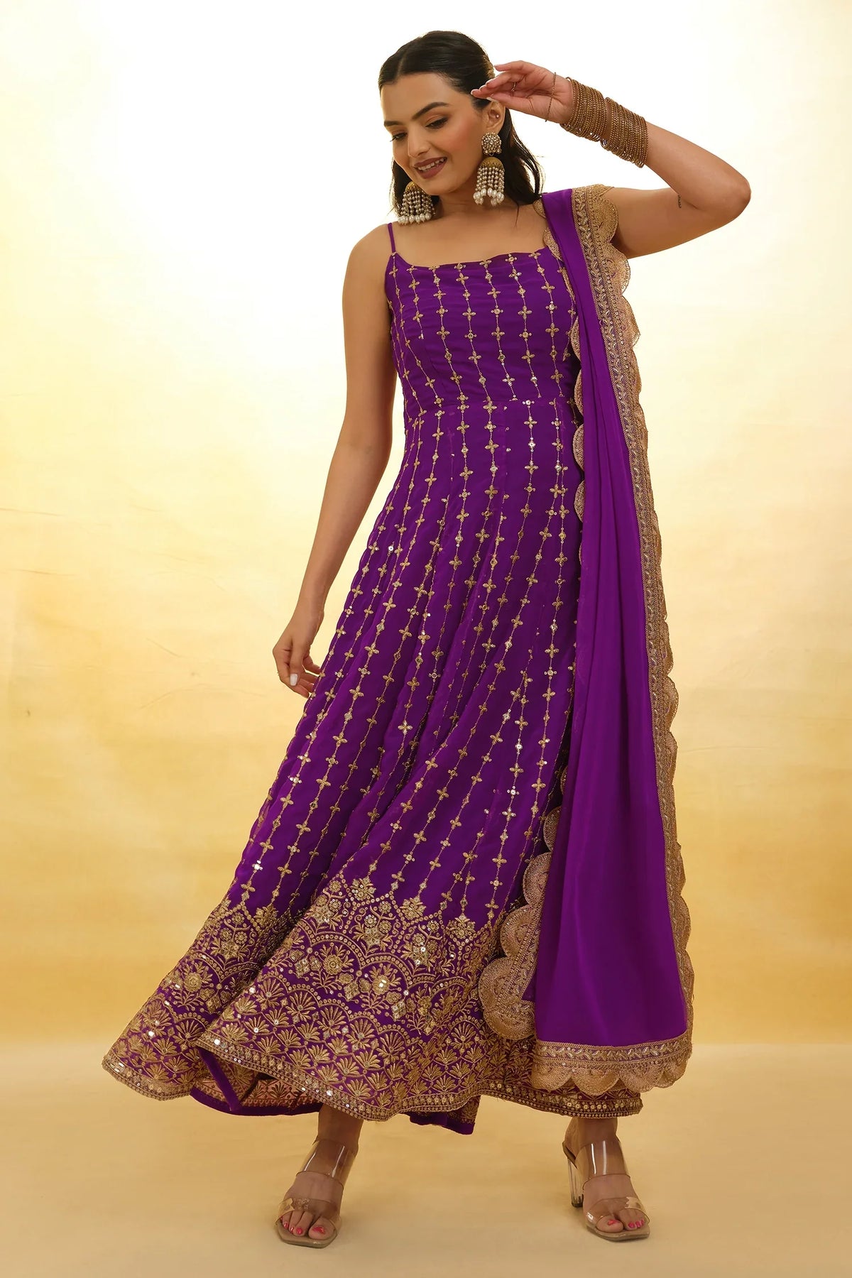 Purple Georgette Sequin Zari Embroidered Anarkali Kurti with Dupatta - red georgette saree embroidered