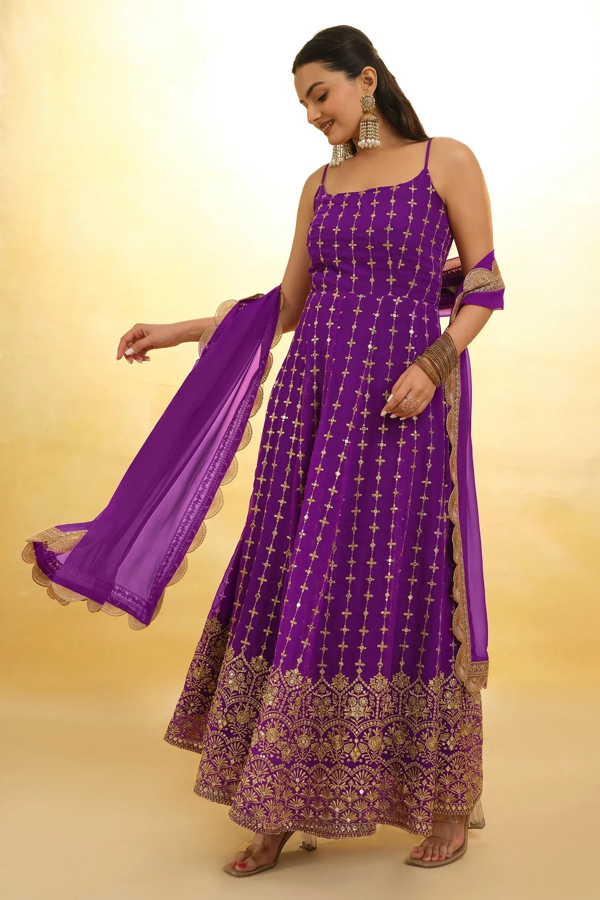 Purple Georgette Sequin Zari Embroidered Anarkali Kurti with Dupatta - red georgette saree embroidered